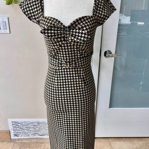 Stop Staring Tan & Black Houndstooth Stretch Pinup Retro Wiggle Pencil Dress